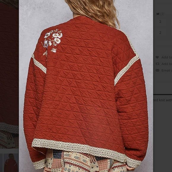 Embroidered Open-Front Quilted Cardigan - Rust - Picture 4 of 5